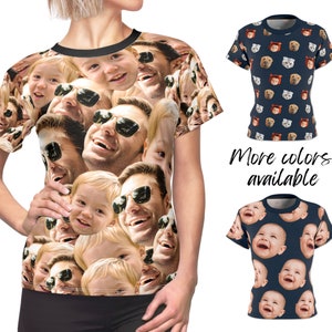 Custom All-Over Women&#39;s T-Shirt with Face Pattern | Personalized Tee with Your Photo of Baby Pet Dog Cat | Fun Gift Idea for Mother&#39;s Day