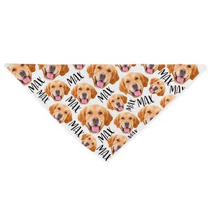 May include: White bandana with a repeating pattern of a golden retriever dog's face and the word "MAX" in black text.