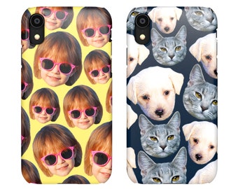 May include: Two phone cases with different patterns. The first case has a yellow background with a repeating pattern of a girl wearing pink sunglasses. The second case has a dark blue background with a repeating pattern of a white puppy and a gray cat.