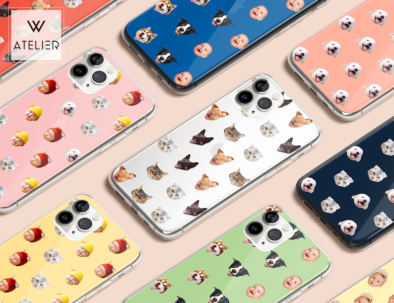 May include: A variety of phone cases with different patterns. The cases feature images of babies, cats, and dogs. The cases are all clear and show the phone through the case. The text "W ATELIER" is visible on one of the cases.