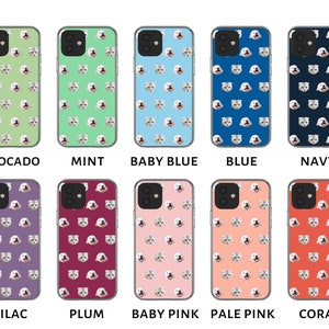 May include: Ten different phone cases with a repeating pattern of a cat's face. The cases are in the colors avocado, mint, baby blue, blue, navy, lilac, plum, baby pink, pale pink, and coral.