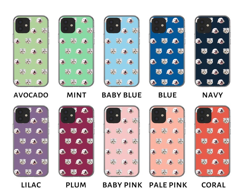 May include: Ten different phone cases with a repeating pattern of a cat's face. The cases are in the colors avocado, mint, baby blue, blue, navy, lilac, plum, baby pink, pale pink, and coral.