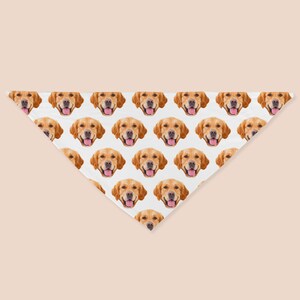 May include: White bandana with a repeating pattern of a golden retriever dog's face.