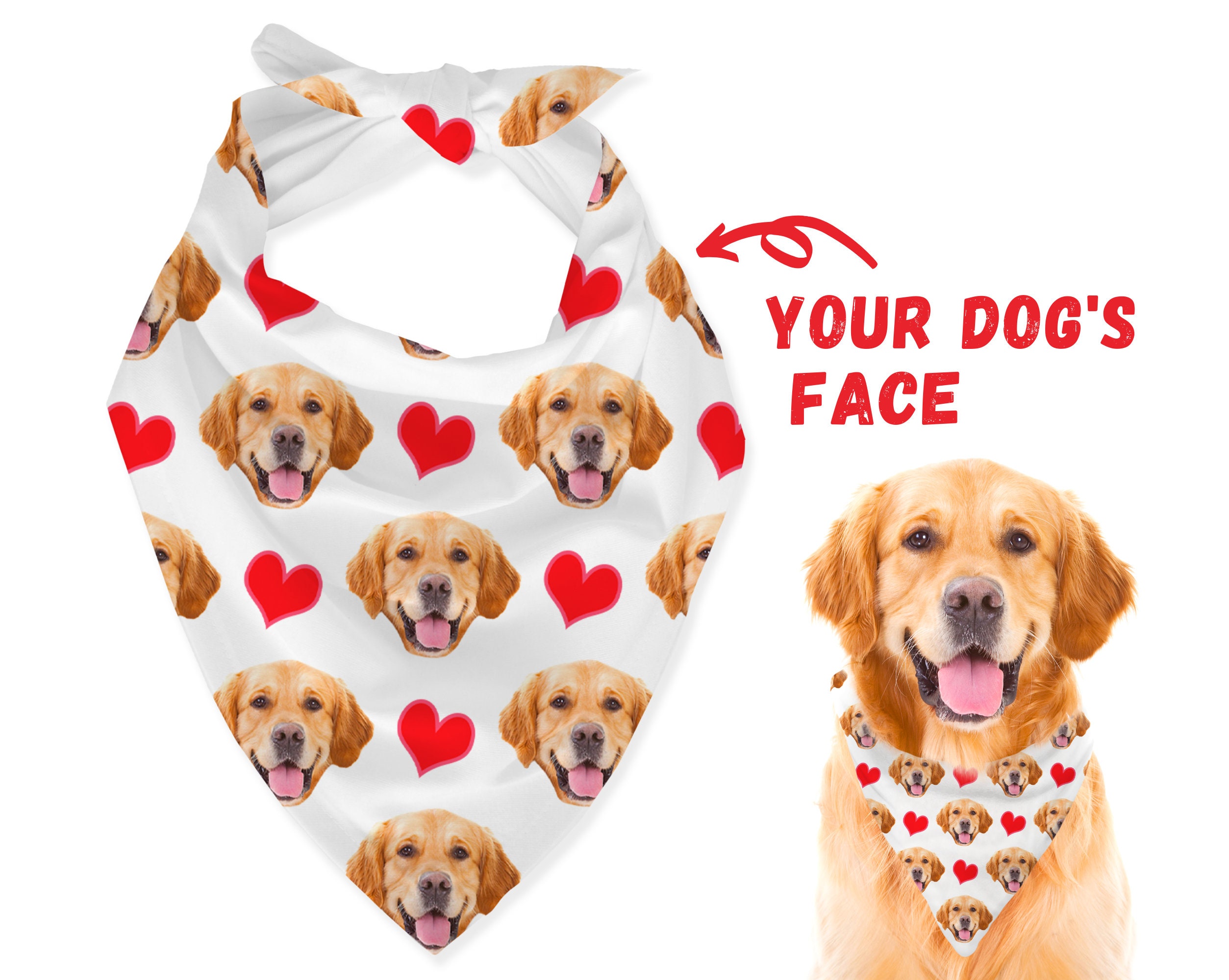 Custom Dog Face Pattern Bandana With Heart - Personalized Photo Bandanas For Dogs Customized Scarf Mom Gift