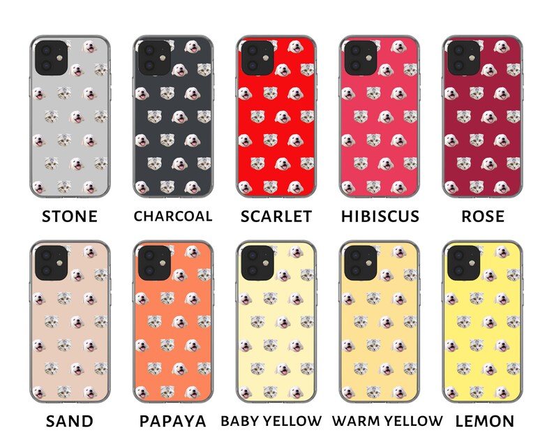 May include: Ten different phone cases with a repeating pattern of a cat's face. The cases are in the colors: stone, charcoal, scarlet, hibiscus, rose, sand, papaya, baby yellow, warm yellow, and lemon.