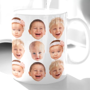 May include: White ceramic mug with a handle, featuring nine different photos of children's faces. The mug is filled with a white liquid.