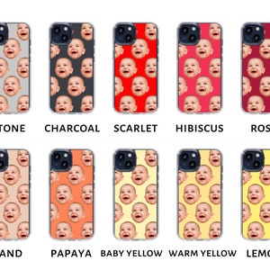 May include: Ten different iPhone cases with various colorful patterns featuring a repeating image of a baby's face. The cases are in the following colors: stone, charcoal, scarlet, hibiscus, rose, sand, papaya, baby yellow, warm yellow, and lemon.