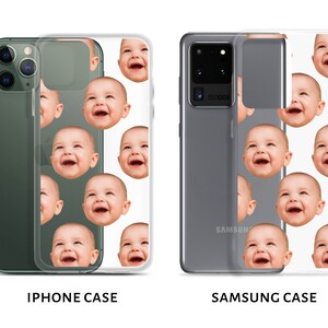 May include: Two phone cases with a clear back and a black or gray front. The back of the case features a repeating pattern of a baby's face.