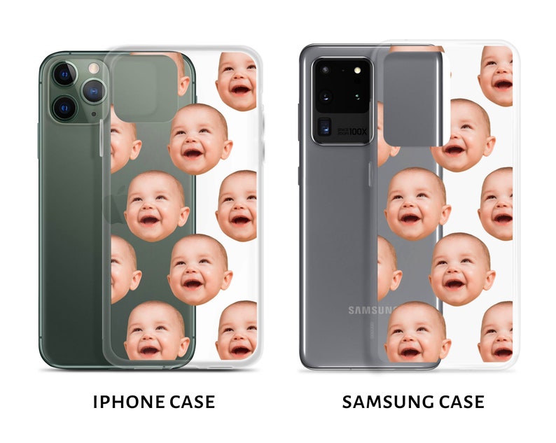 May include: Two phone cases with a clear back and a black or gray front. The back of the case features a repeating pattern of a baby's face.