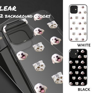 May include: A clear phone case with a pattern of white cats and dogs on a white background. The case is also available in black with a black background. The text "CLEAR +22 BACKGROUND COLORS" is at the top of the image. The text "WHITE" is below the white case and the text "BLACK" is below the black case.