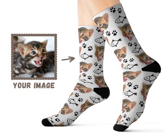Calcetines personalizados - Calcetines de gato personalizados - Calcetines personalizados para la cara del gato - Regalo para gato papá gato mamá Amantes de los gatos - Divertido regalo de cumpleaños - Calcetines personalizados para mascotas