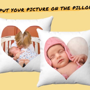 Oreiller personnalisé avec famille Bébé Chien Chat Pet Photo en forme de cœur - Taie d’oreiller personnalisée avec n’importe quelle image - Cadeau photo bébé - Cadeau en mouvement