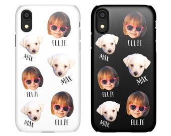 May include: Two phone cases with a white background and a black background. Both cases feature a repeating pattern of a girl wearing sunglasses and a white puppy. The girl's name is Ellie and the puppy's name is Max. The text is in black on the white case and white on the black case.