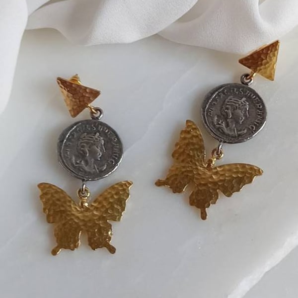 Two metal earrings with Silver Coins and Gold Butterflies