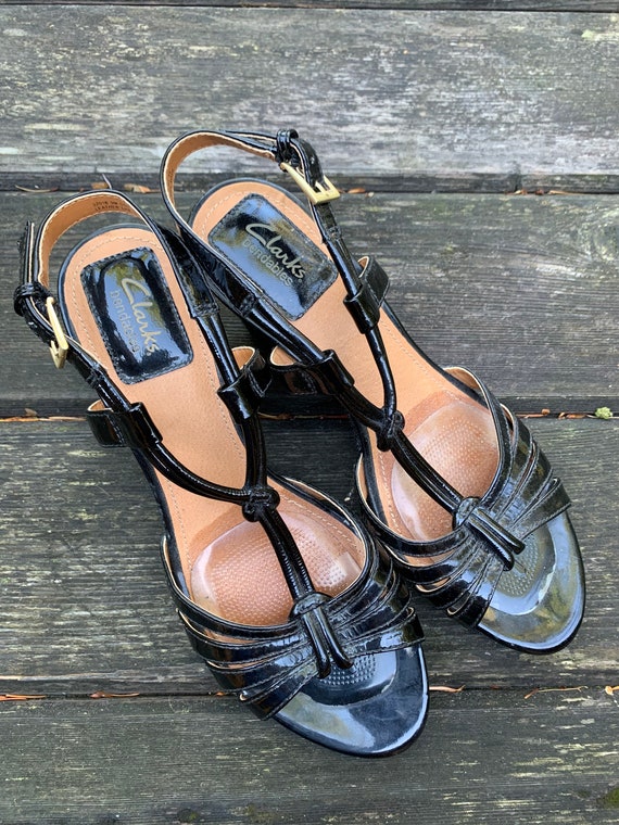 Black shoes, t-strap sandals, wedge heel sandals,