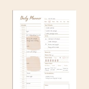 Op de afbeelding: Een dagelijkse planner met een beige achtergrond en bruine tekst. De planner bevat secties voor schema, top 3 prioriteiten, te doen, geld in, geld uit, waterinname, maaltijd van vandaag en notities. De planner is gedateerd voor 20 juli 2020.