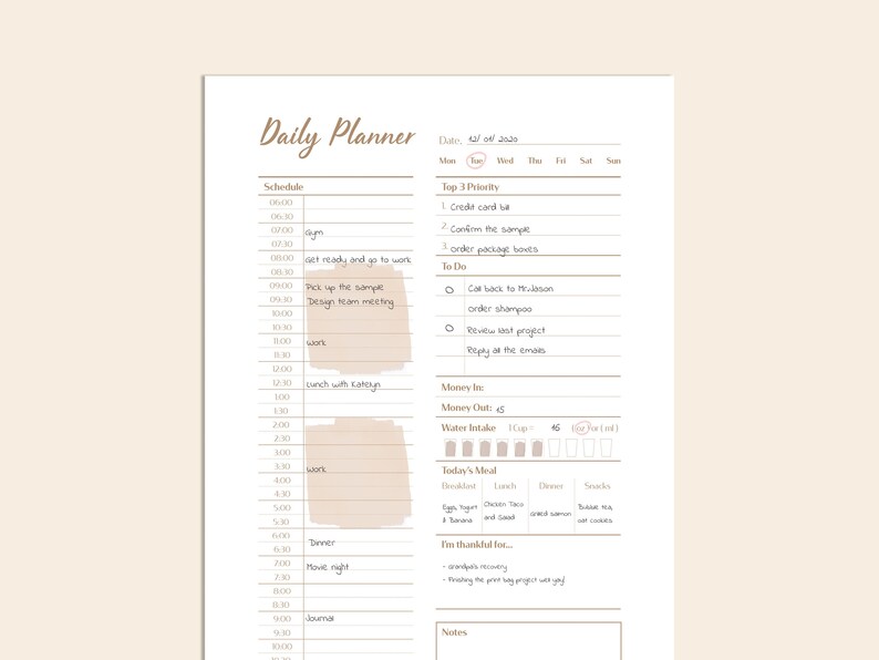 Op de afbeelding: Een dagelijkse planner met een beige achtergrond en bruine tekst. De planner bevat secties voor schema, top 3 prioriteiten, te doen, geld in, geld uit, waterinname, maaltijd van vandaag en notities. De planner is gedateerd voor 20 juli 2020.