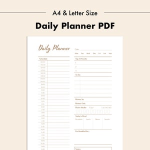 Op de afbeelding: Een printbare PDF-sjabloon voor een dagelijkse planner in A4- en letterformaat. De planner bevat secties voor planning, top 3 prioriteiten, to-do-lijst, geld in en uit, waterinname, de maaltijd van vandaag en dingen om dankbaar voor te zijn.