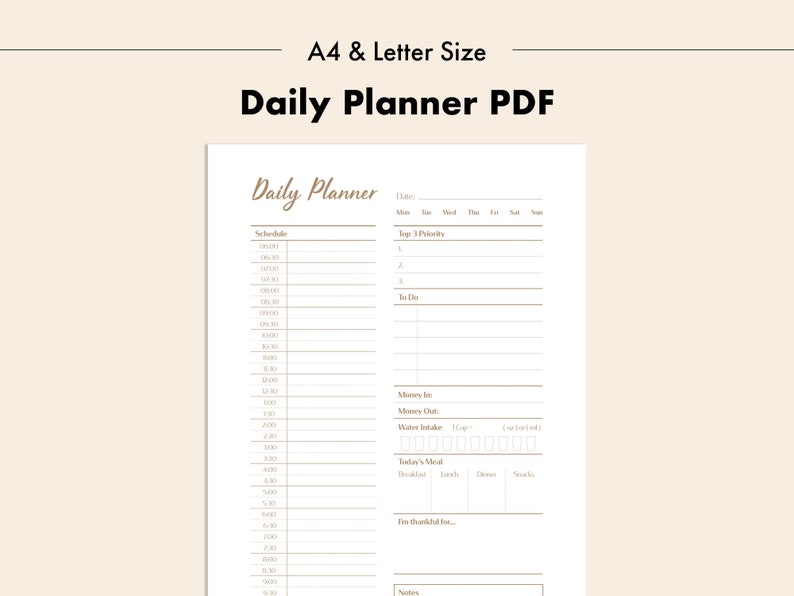 Op de afbeelding: Een printbare PDF-sjabloon voor een dagelijkse planner in A4- en letterformaat. De planner bevat secties voor planning, top 3 prioriteiten, to-do-lijst, geld in en uit, waterinname, de maaltijd van vandaag en dingen om dankbaar voor te zijn.