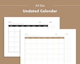 Undated Calendar Monthly Planner with Notes, 2 Colors Sets, A4 Size