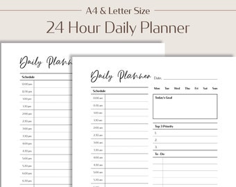 24-uurs dagelijkse planner afdrukbare PDF, tijdsblok van een half uur, direct downloaden