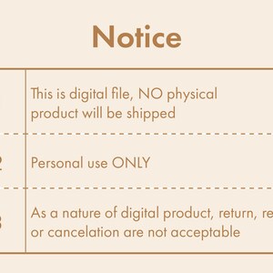 Op de afbeelding: Een kennisgeving met drie genummerde punten. Punt 1: Dit is een digitaal bestand, er wordt GEEN fysiek product verzonden. Punt 2: Alleen voor persoonlijk gebruik. Punt 3: Als digitaal product zijn retour, restitutie of annulering niet mogelijk.