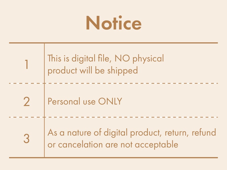 Op de afbeelding: Een kennisgeving met drie genummerde punten. Punt 1: Dit is een digitaal bestand, er wordt GEEN fysiek product verzonden. Punt 2: Alleen voor persoonlijk gebruik. Punt 3: Als digitaal product zijn retour, restitutie of annulering niet mogelijk.