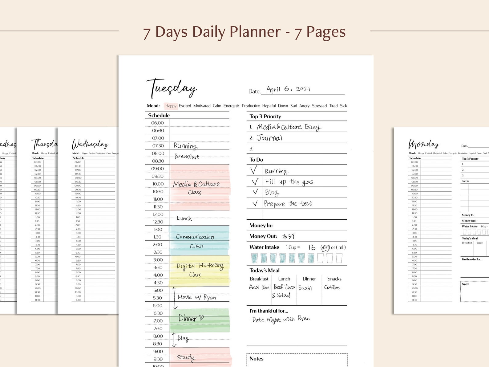 Daily Weekly Monthly Planner Printable PDF 7 Days Planner Insert, Time ...