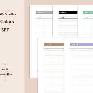 Listas de verificación imprimibles PDF Conjunto de 5 colores diferentes Tamaño A4 y Carta, plantilla de lista de verificación imprimible de lista de tareas pendientes