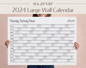 2024 Wall Calendar Year at a Glance Large Printable PDF Digital Download, Annual Yearly Planner