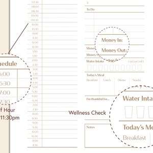 Op de afbeelding: Een dagelijkse planner met een bruin en wit kleurenschema. De planner heeft secties voor schema, geld in en uit, waterinname, welzijnscontrole en de maaltijd van vandaag. De planner heeft een halfuur schema van 6:00 uur tot 23:30 uur.
