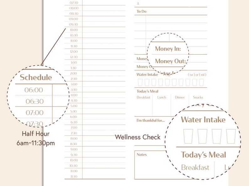 Op de afbeelding: Een dagelijkse planner met een bruin en wit kleurenschema. De planner heeft secties voor schema, geld in en uit, waterinname, welzijnscontrole en de maaltijd van vandaag. De planner heeft een halfuur schema van 6:00 uur tot 23:30 uur.