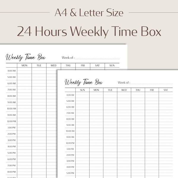 Weekly Hourly Time Box 24 Hours, Time Blocking Planner Printable PDF, Time Management