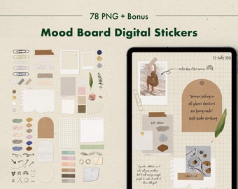 May include: A digital sticker set with 78 PNG files. The stickers feature a variety of designs, including a grid, a torn paper texture, a marble texture, a quote, a photo frame, and a handwritten note. The stickers are perfect for adding a personal touch to your digital planner, journal, or scrapbook.