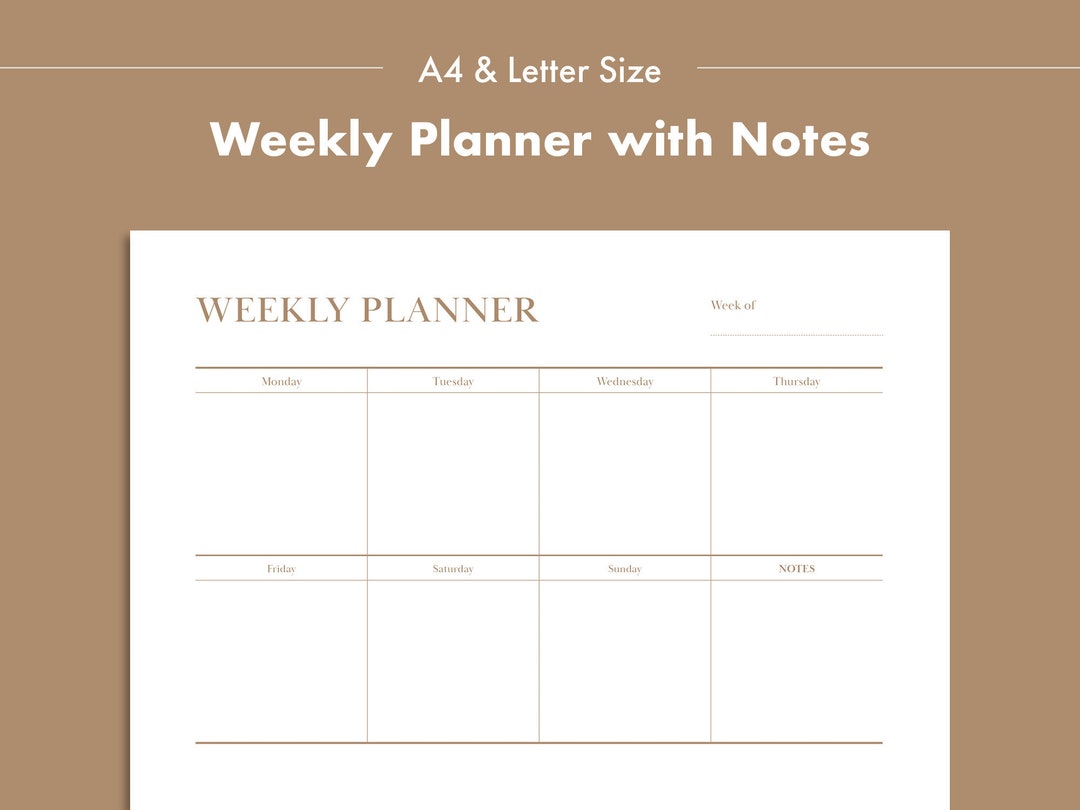 Printable Weekly Planner PDF With Notes A4 and US Letter Size Weekly