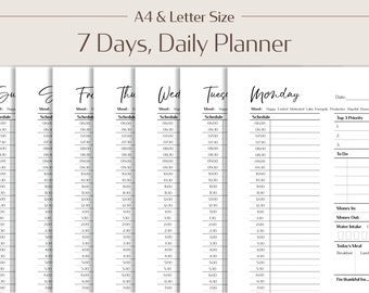 7 dagen dagelijkse planner afdrukbare PDF, wekelijkse planner, half uur tijdblok, direct downloaden