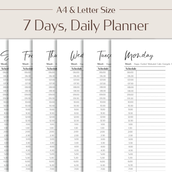 7 Days Daily Planner Printable PDF, Weekly Planner, Half Hourly Time Block, Instant Download