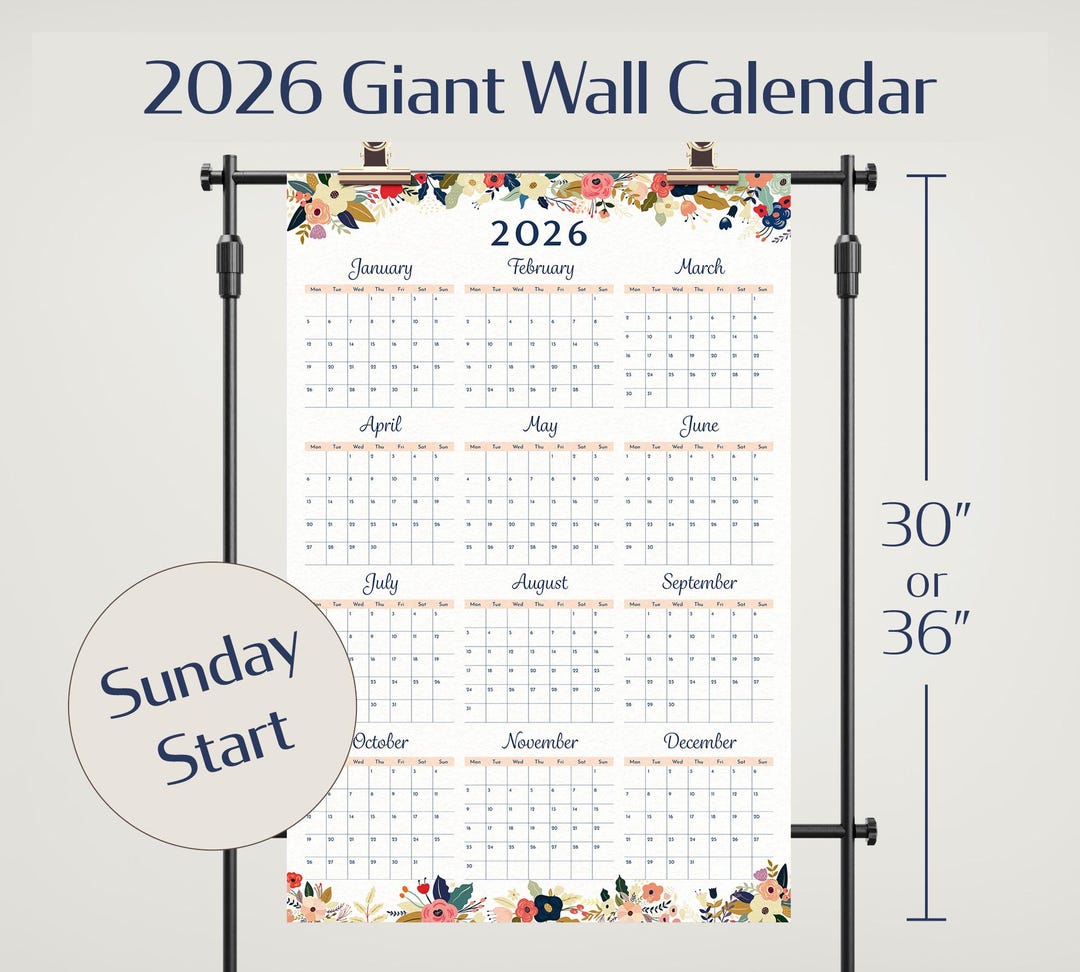 2026 Wall Calendar | Year at A Glance Sunday Start | Floral Large ...