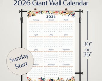 2026 Wall Calendar | Year At A Glance Sunday Start | Floral Large Annual Planner | Home Office, School Calendar Year Plan