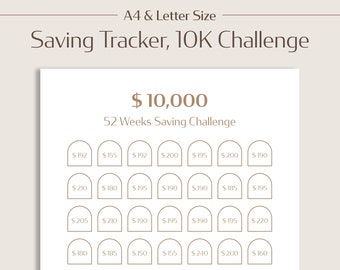 Saving Tracker 10K Challenge, 52 Weeks 1 Year Saving Planner, Printable Digital Download