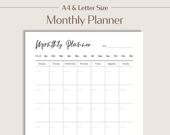 Monthly Planner Printable PDF, Undated Calendar Template, Journal Insert, Instant Download