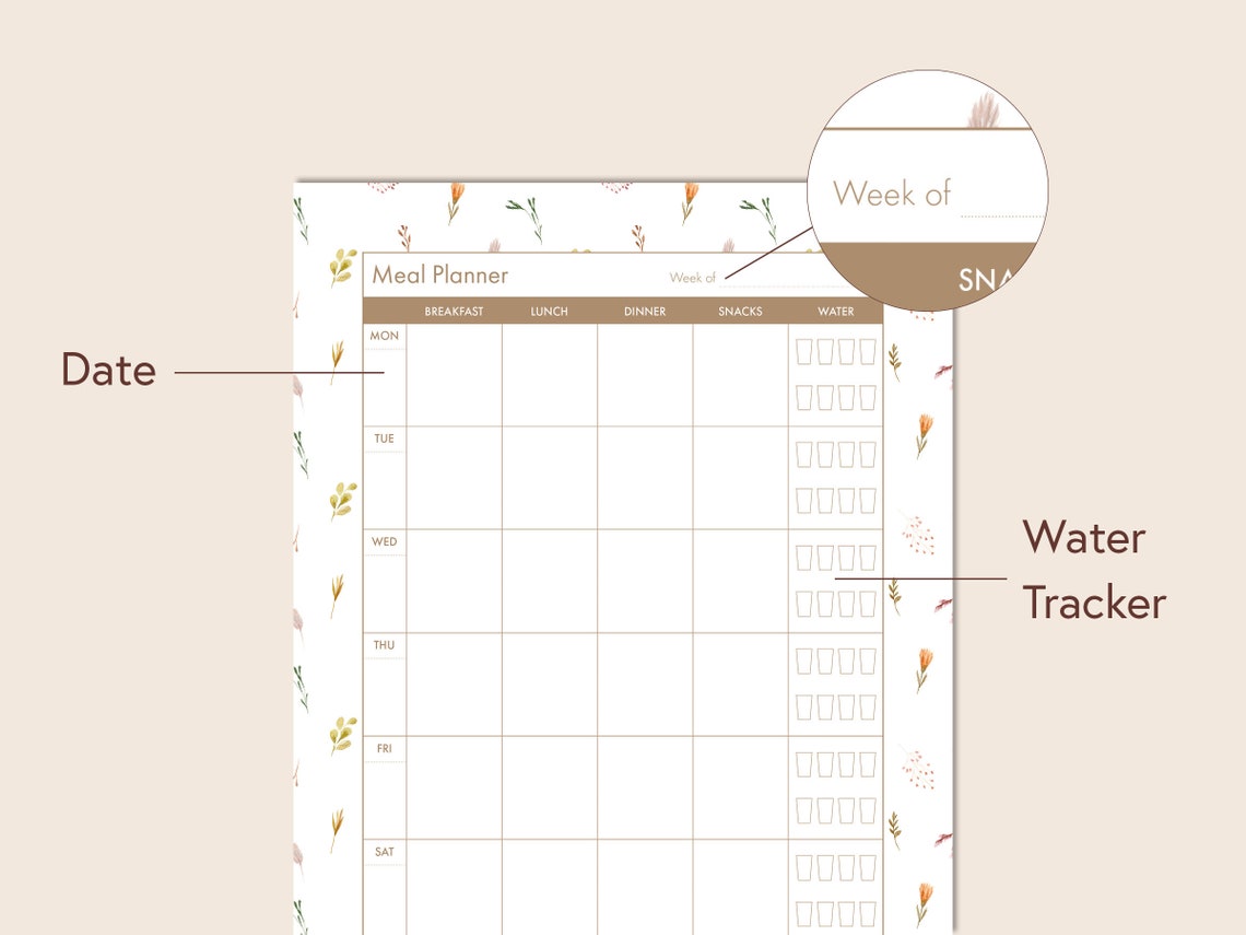 Meal Planner Printable PDF Floral Meal Tracker A4 Letter Size Health ...