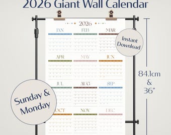 2026 Year At A Glance Wall Calendar | Minimalist Printable Planner Large (PDF Digital Download)