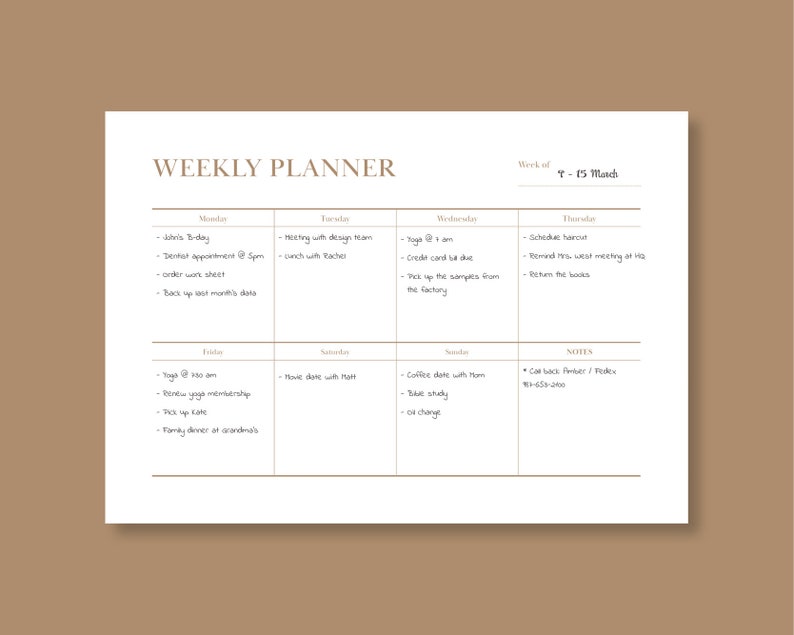 Printable Weekly Planner PDF With Notes A4 and US Letter Size Weekly