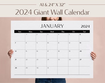 Calendrier mural 2024 géant, 12 mois, imprimable au format PDF, téléchargement numérique