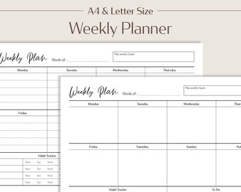 Printable Weekly Planner | Undated Minimalist Weekly Schedule | A4 Letter, Sunday, Monday Start