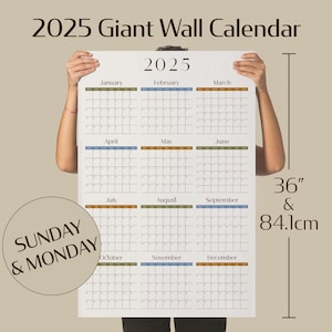 Printable 2025 Wall Calendar One Page | Large Year at a Glance Modern Minimalist | Digital Download