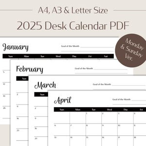 2025 Desk Calendar Printable PDF | Minimalist Monthly Planner | Digital Download | Monday Sunday Start
