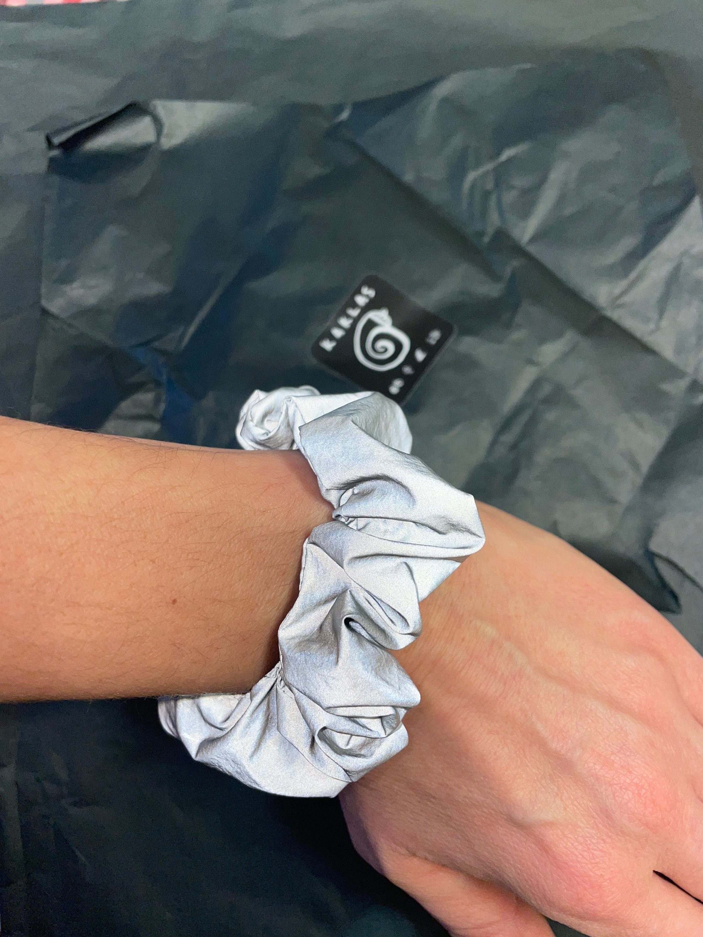 Reflective Silver Scrunchie - Light Reactive | light reflecting hair scrunchie, high visibility, bright with flash