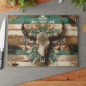 Western Cow Skull Rustic Weathered Wood Background Glass Cutting Board, Charcuterie Serving Tray 2 Sizes